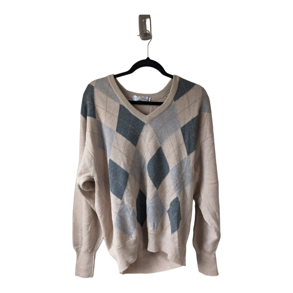 Clark Gregory Size Large Argyle Sweater Beige Green Gray 100% Merino Wool